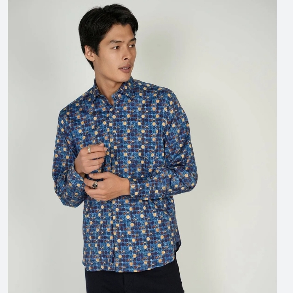 Lulchiano Visconti Circle Print Royal Blue Shirt Signature Collection